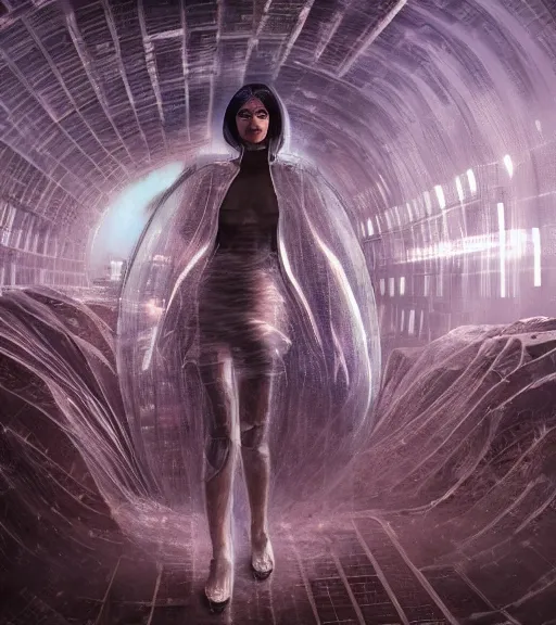 Image similar to ethereal picture of tarkovsky greatest scene, aura of the ancient destroyed majestic tower of babylon, a woman in futuristic cyber clothing, transparent puffer jacket, hyperealistic, blockchain, cyber world, ambient lighting, concept art, intricate, hyper detailed, smooth, dynamic volumetric lighting, ocatane, ray trace, cinematic, high quality, cgsociety