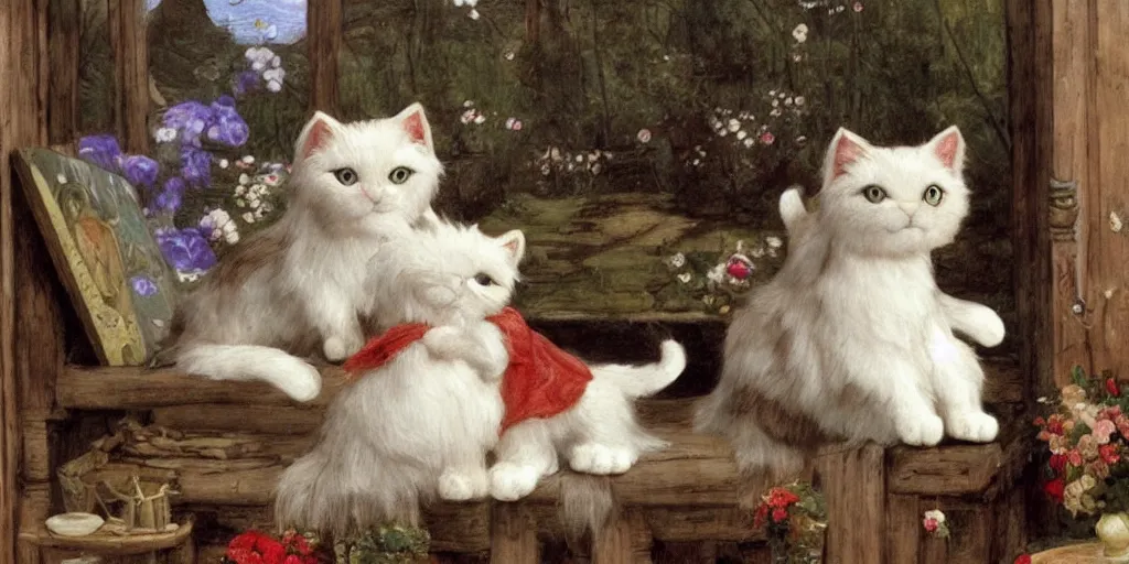 Image similar to 3 d precious moments plush cat with realistic fur, precious moments hawthorned village porcelain in the background, master painter and art style of john william waterhouse and caspar david friedrich and philipp otto runge