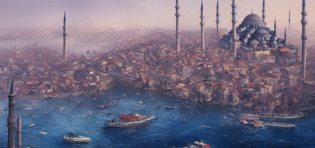 Prompt: istanbul!!, distopian, smog, blue ( ( light ) ), very detailed picture, by marc simonetti