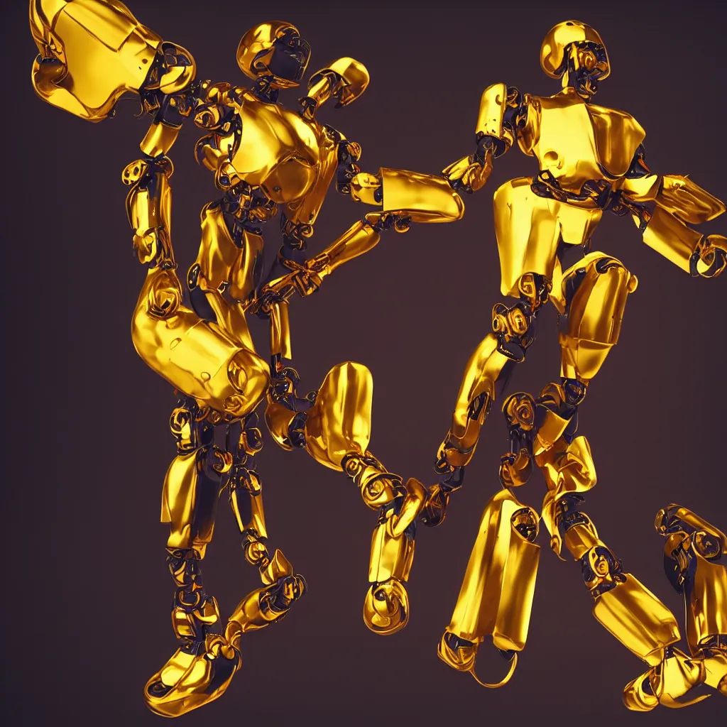 Prompt: gold blue pink black robot glowing full body , 3D render, dark background, smooth background, studio lighting, vivid colors, unreal engine