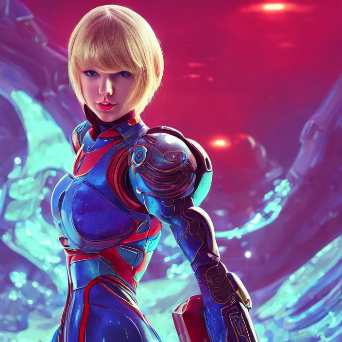 Image similar to portrait of Taylor Swift as SAMUS ARAN. HD, 4K. intricate abstract. intricate artwork. by Tooth Wu, wlop, beeple, dan mumford. octane render, trending on artstation, greg rutkowski very coherent symmetrical artwork. cinematic, hyper realism, high detail, octane render, 8k, iridescent accents