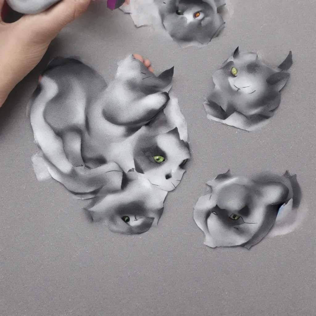 Prompt: 3 d graphic cartoon gray clay cat, shiny gloss