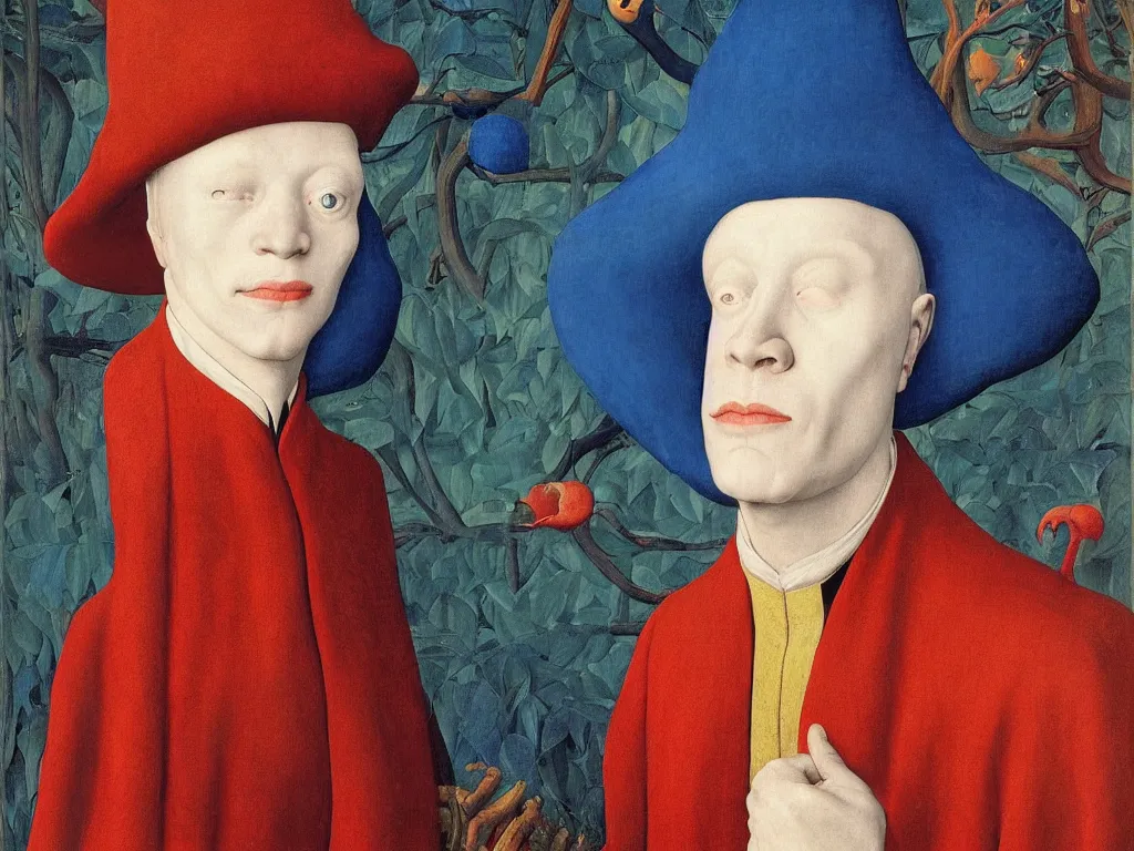 Image similar to Portrait of albino mystic with blue eyes, with beautiful exotic coral. Painting by Jan van Eyck, Audubon, Rene Magritte, Agnes Pelton, Max Ernst, Walton Ford