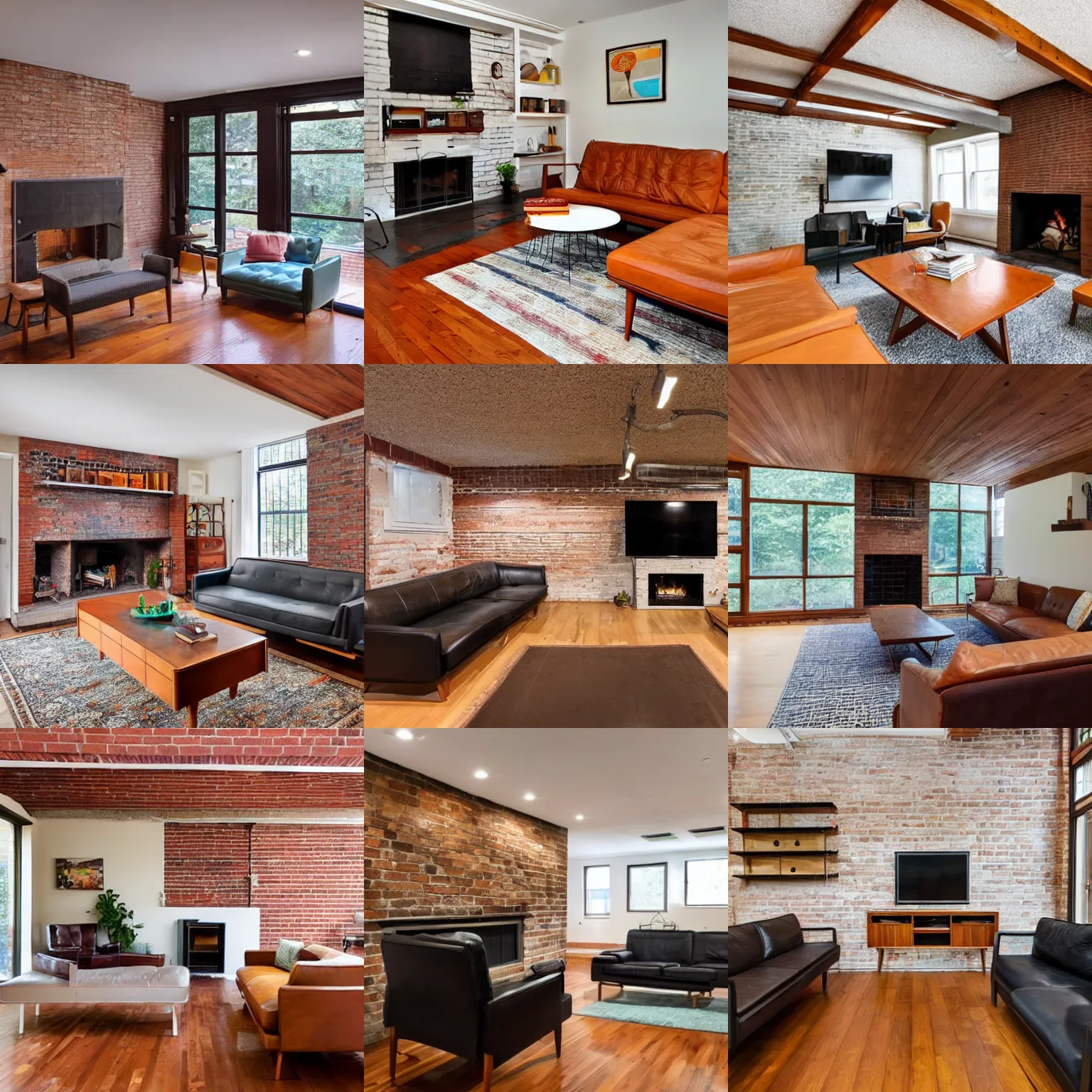 Prompt: Mid-century modern basement, wooden floors, brick fireplace, leather couch