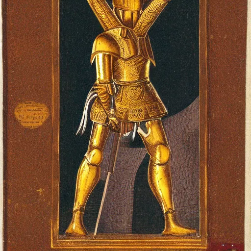 Prompt: full - body tall man in large golden armor raising his sword in the air