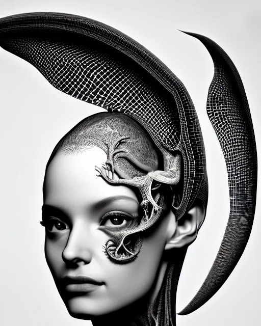 Image similar to a black and white 3D render of a beautiful portrait of a young female angelic-dragon-cyborg face with a very long neck, 150 mm, orchids, Mandelbrot fractal, anatomical, flesh, facial muscles, veins, arteries, full frame, microscopic, elegant, highly detailed, flesh ornate, elegant, high fashion, rim light, ray trace, octane render in the style of H.R. Giger and Man Ray, Realistic, Refined, Digital Art, Highly Detailed, Cinematic Lighting, rim light, black and white, photo-realistic Unreal Engine, 8K