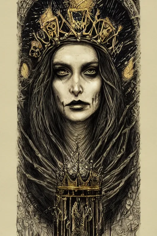 Prompt: Portrait of the Queen of Entropy wearing a crown, high fantasy, gothic, black paper, dark atmosphere, skulls, detailed, cinematic, ornate, tarot card, highly detailed, ink illustration, Guy Denning, Anato Finnstark, golden ratio, 8k,