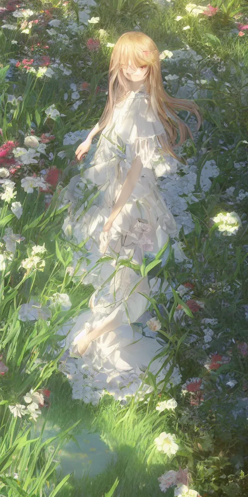 Image similar to a digital art full of atmosphere of a loli with long hair in a dress in the privet garden at after noon, green and warm theme, low angle, back lighting, highly detailed, 4 k resolution, trending on art station, by krenz cushart and mucha and akihito yoshida and greg rutkowski and makoto shinkai