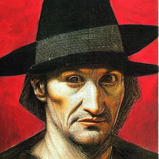 Prompt: a portrait of Freddy Kruger by Leonardo DaVinci, highly detailed face, high detail, hyper realistic, vivid colors