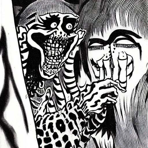 Image similar to Monsters scaring bystanders by Junji Ito.