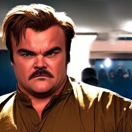 Image similar to movie still of jack black starring as guile in the 2 0 2 6 live action street fighter movie