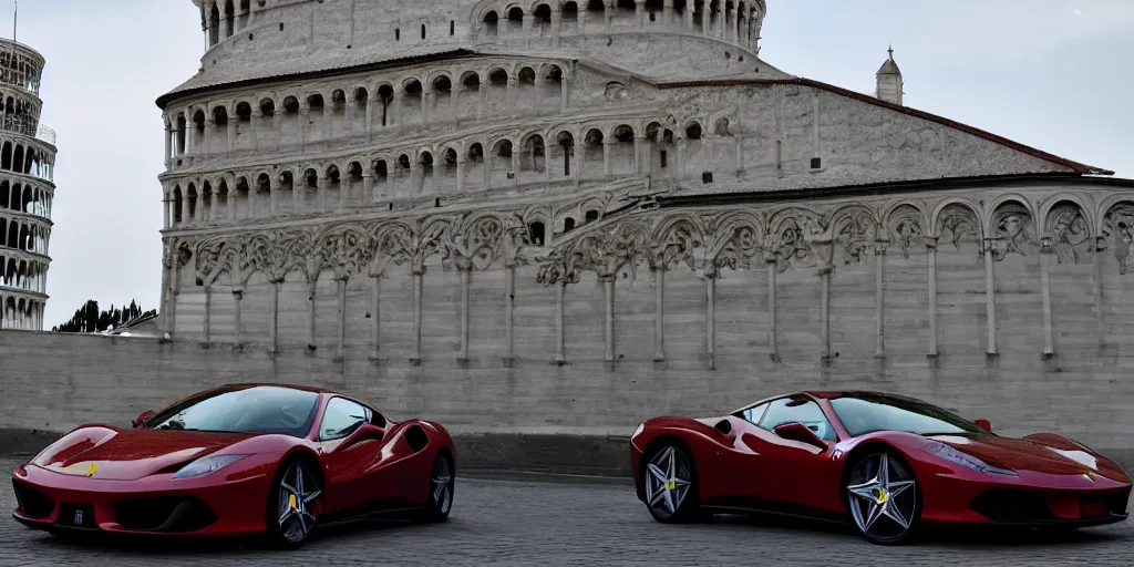 Image similar to a ferrari car next to the pisa tower