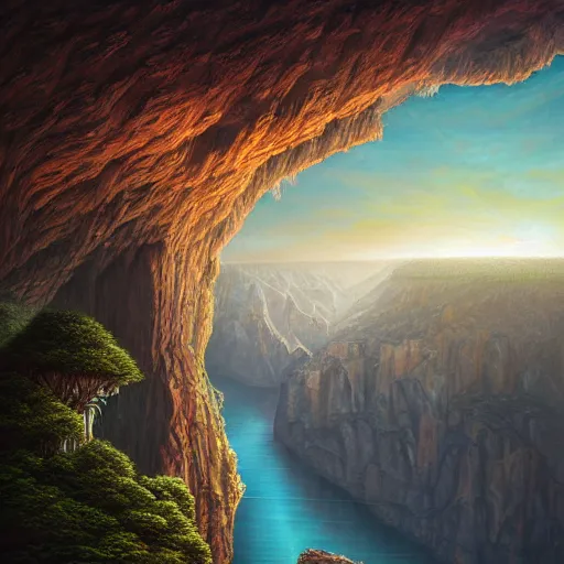 Prompt: a massive organic bio megastructure on a cliff side above a canyon, by vladimir kush, by josip csoor, by laurie lipton, photorealistic, zaha hadid, volumetric lighting, horror, detailed, intricate, elden ring, raytrace, octane, mirror, psychedelic, cgscociety,