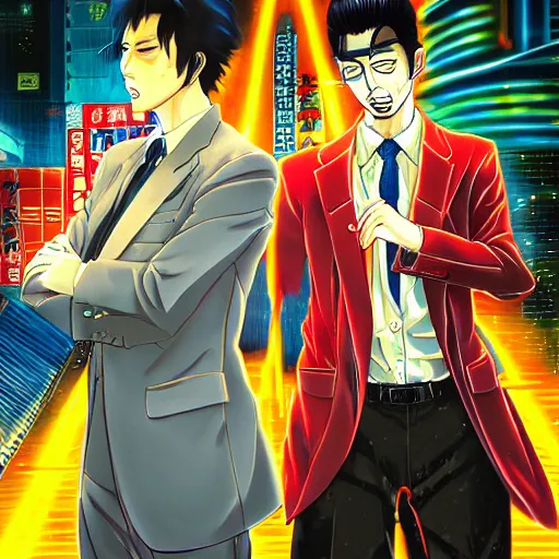 Image similar to beautiful amazing anime portrait painting of kiryu kazuma and goro majima in tokyo. neon lights. by hayao miyazaki, katsuhiro otomo, akira toriyama, satoshi kon, eiichiro oda, hideaki anno