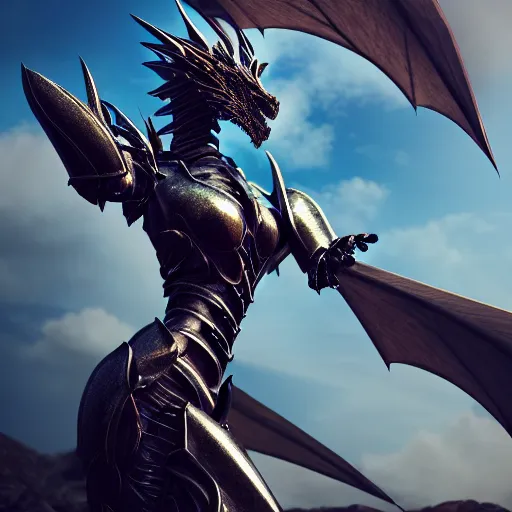 Image similar to highly detailed realistic stunning shot of a beautiful elegant anthropomorphic female dragon knightess doing a majestic pose, armor made of steel, sharp claws and tail, cloak flittering in the wind, high quality, HD octane render, epic cinematography, Artstation, Deviantart, Furaffinity