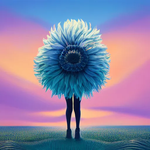 Image similar to closeup giant dahlia flower head, girl walking between dunes, surreal photography, sunrise, blue sky, dramatic light, impressionist painting, digital painting, artstation, simon stalenhag