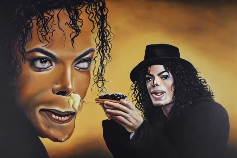 Image similar to michael jackson eating a funnel cake portrait in oil on black velvet, in frame, 4 k, hyper - realistic