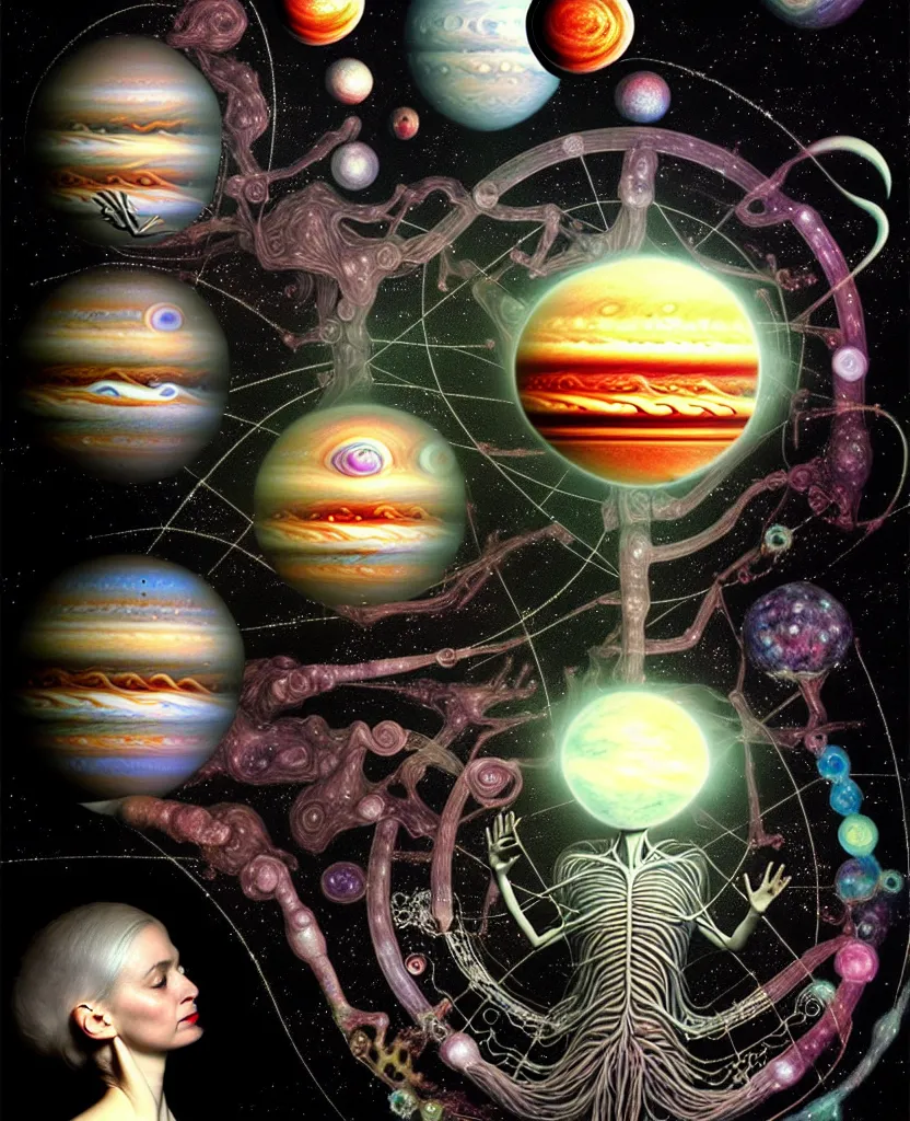 Prompt: inside the universe of a human body soul, whimsical uncanny creature alchemizes unique canto about'as above so below'being ignited by the spirit of haeckel and robert fludd, breakthrough is iminent, glory be to the magic within, to honor jupiter, surreal collage by ronny khalil