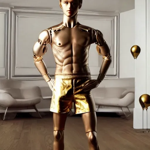 Image similar to a realistic detailed photo of a guy who is an attractive humanoid who is half robot and half humanoid, who is a male android, soccer player martin ødegaard, shiny skin, posing like a statue, blank stare, in a living room, on display, showing off his muscles, gold soccer shorts