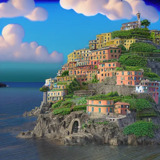 Prompt: pixar 3D render, by studio ghibli, (french bande dessinée), solarpunk, 1244, fantasy setting, mediterranean landscape, quaint old village, cinq terre, highly detailed, luminous, white rock, beautiful, style by moebius, concept art, unreal engine