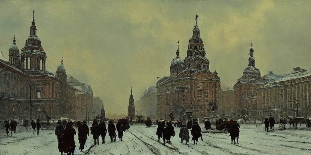 Image similar to Saint Petersburg in 1914 in winter, evening, guarded by a giant steam robot, Rozalski