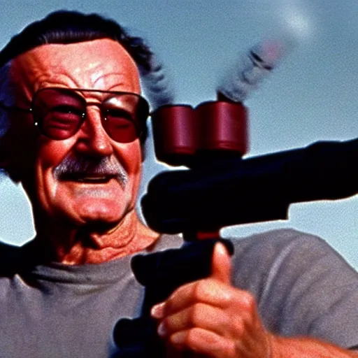 Prompt: High quality screenshot of Stan Lee as Rambo (1995) with a minigun