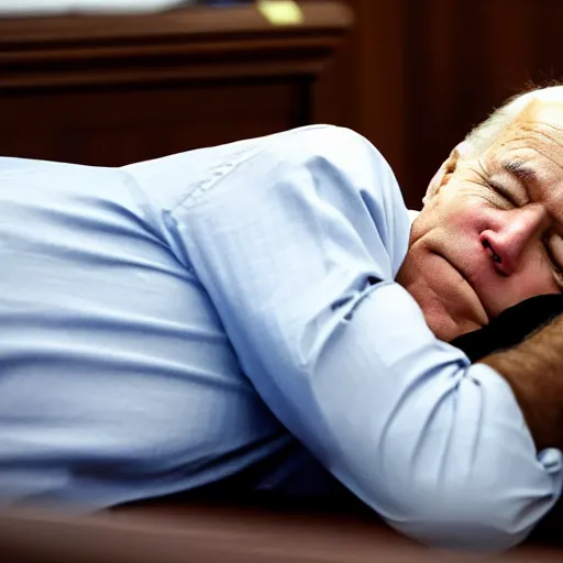 Image similar to a close up of Joe Biden sleeping in a bed in a court room