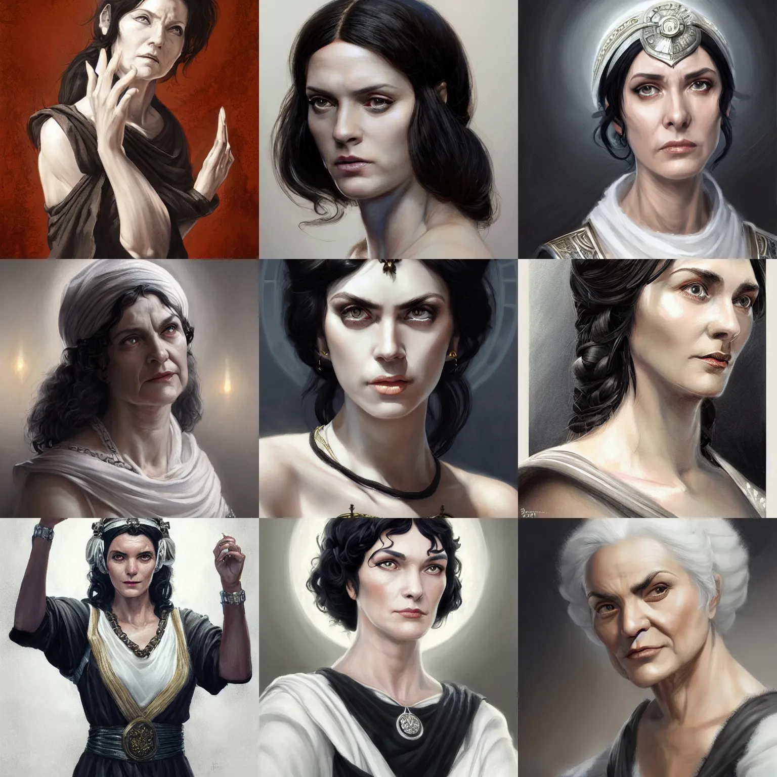 Prompt: hestia, helen mcrory, elderly greek goddess, black hair, white tunic, d & d, fantasy, portrait, highly detailed, headshot, digital painting, trending on artstation, concept art, sharp focus, illustration, art by artgerm and greg rutkowski and magali villeneuve