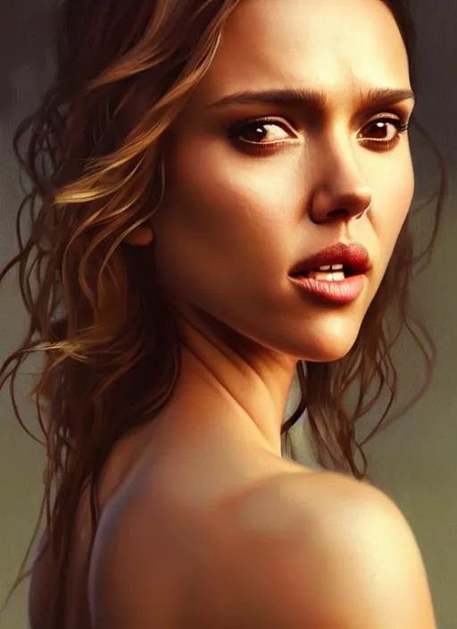 Image similar to half Jessica Alba half Nathalie Portman half scarlett johansonna pure attractive godess, full body portrait, slight smile, diffuse natural sun lights, autumn lights, highly detailed, digital painting, artstation, concept art, sharp focus, illustration, art by wlop and greg rutkowski and alphonse mucha and artgerm