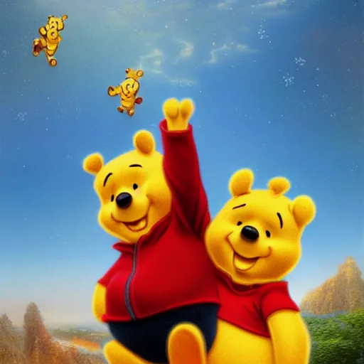 Image similar to chinese president xi jinping and winnie the pooh are best friends, smiling faces side by side, cinematic composition, epic dramatic lighting, realistic, hyperdetailed, photorealistic, photograph, epic scale by gaston bussiere