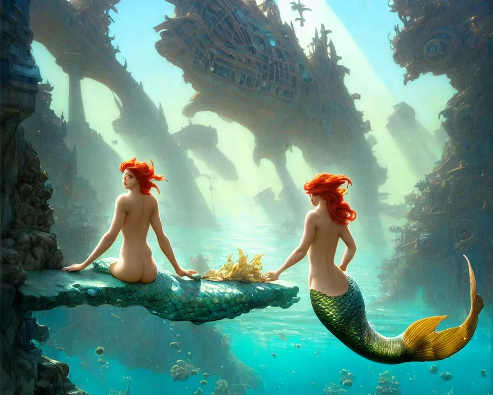 Prompt: a beautiful mermaid looking at the sunken city of Atlantis under water, ray of sunlight, stunning grand architecture, detailed painterly digital art style by WLOP and Cory Loftis and Greg Rutkowski and Mohrbacher and John Collier and Albert Aublet and Krenz Cushart and Artem Demura and Alphonse Mucha, 8k octane beautifully detailed render, post-processing, extremely hyperdetailed, intricate, epic composition, grim yet sparkling atmosphere, cinematic lighting + masterpiece, trending on artstation, very detailed, vibrant colors, Art Nouveau, god rays