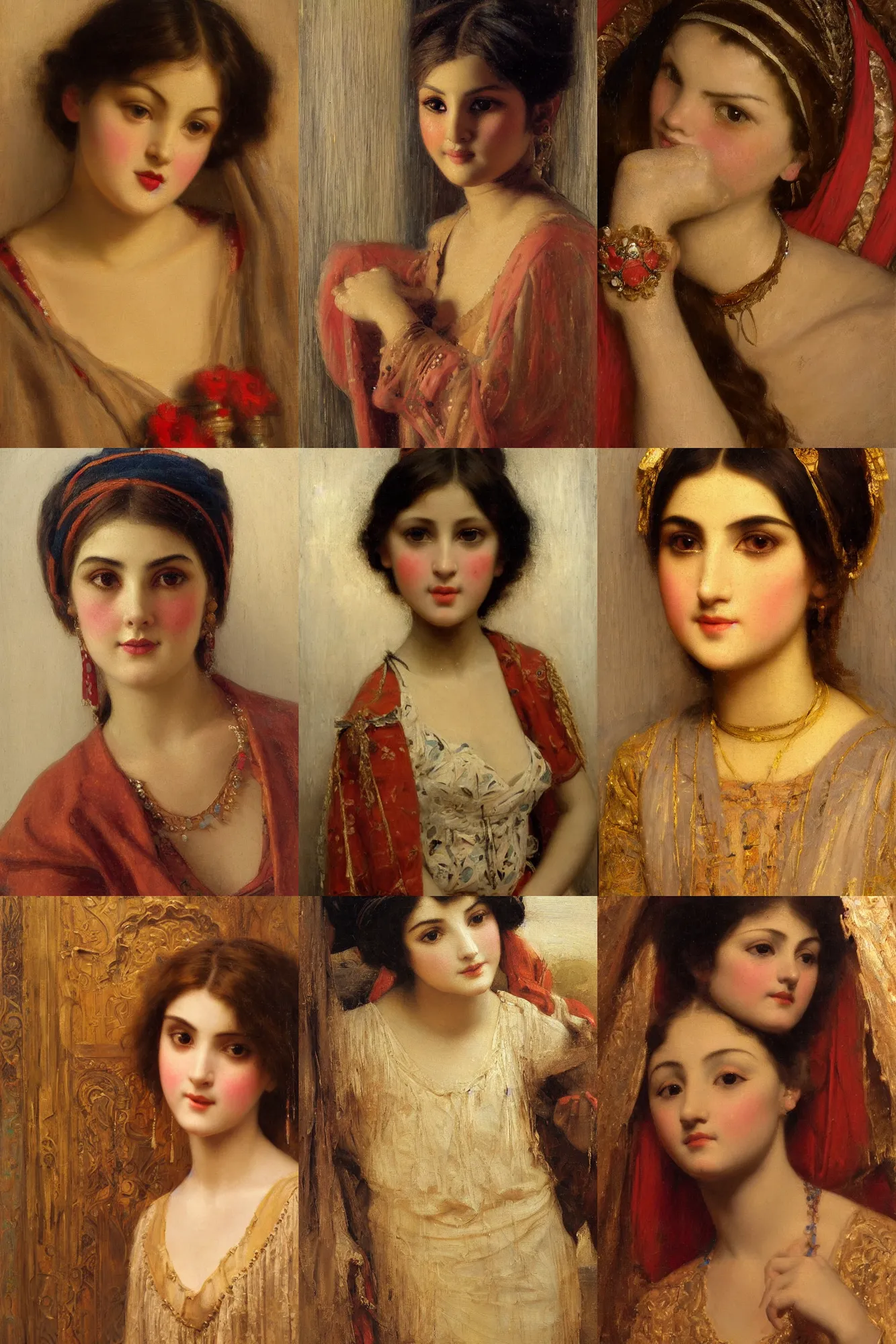 Prompt: orientalism painting of a cute female dollmaker face detail by edwin longsden long and theodore ralli and nasreddine dinet and adam styka, portrait en buste, masterful intricate art. oil on canvas, excellent lighting, high detail 8 k