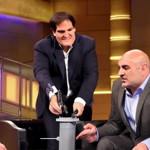 Prompt: Jedi Kevin O'Leary cutting Mark Cuban flesh with a lightsaber, in Shark Tank (2016)