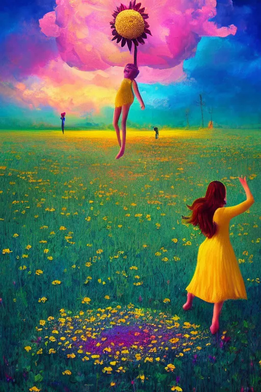 Image similar to giant daisy flower as head, girl dancing in a flower field, surreal photography, sunrise, dramatic light, impressionist painting, colorful clouds, digital painting, artstation, simon stalenhag