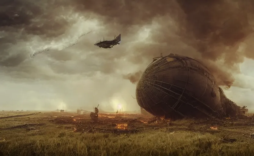 Image similar to an immense steampunk airship crashed and burning in a field, thick black smoke billowing, turbulent storm clouds, dystopian, fog, sharp focus, octane render, imax