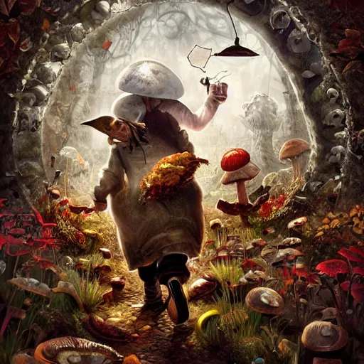 Image similar to Hell and heaven, captured in bottles, an elderly mushroom walking their pet snail, The Autumn Plague Gardener, the theme of Alice in Wonderland, digital painting, its softness partakes of fluidity, illustration, deep dark, artstation, intricate, biodiversity in a world of change and constancy, ue5, by deiv calviz and bossmonsterbani