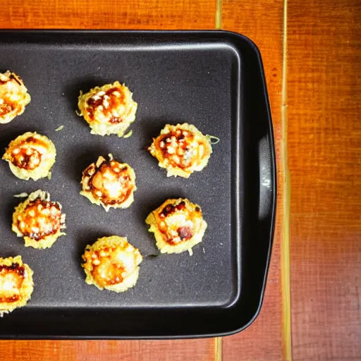 Prompt: a tray of takoyaki on a table f / 1. 9 6. 8 1 mm iso 4 0
