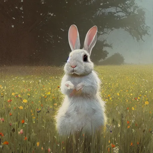 Image similar to a rabbit in a field of beautiful flowers, by stanley lau and greg rutkowski