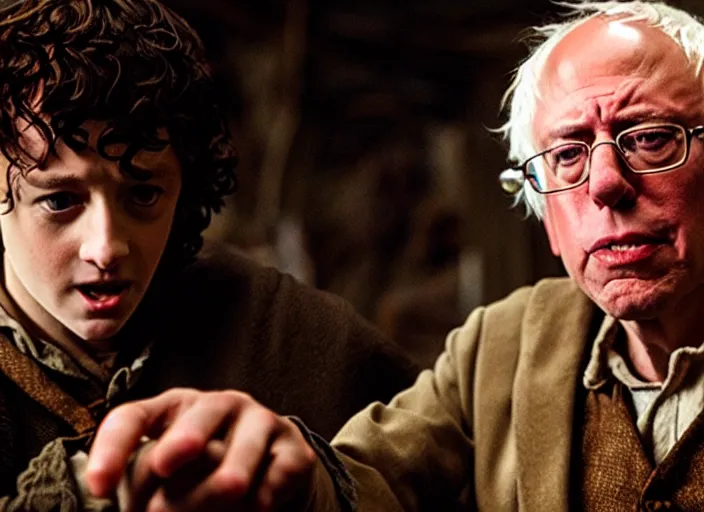 Image similar to film still of bernie sanders as frodo in lord of the rings movie, 8 k