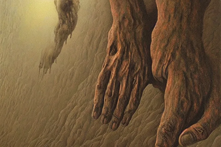 Prompt: painting of giant hand coming out of the depths of hell grabbing onto a cliff of a bottomless pit, eerie, depressing, insanely detailed, style of zdzislaw beksinski