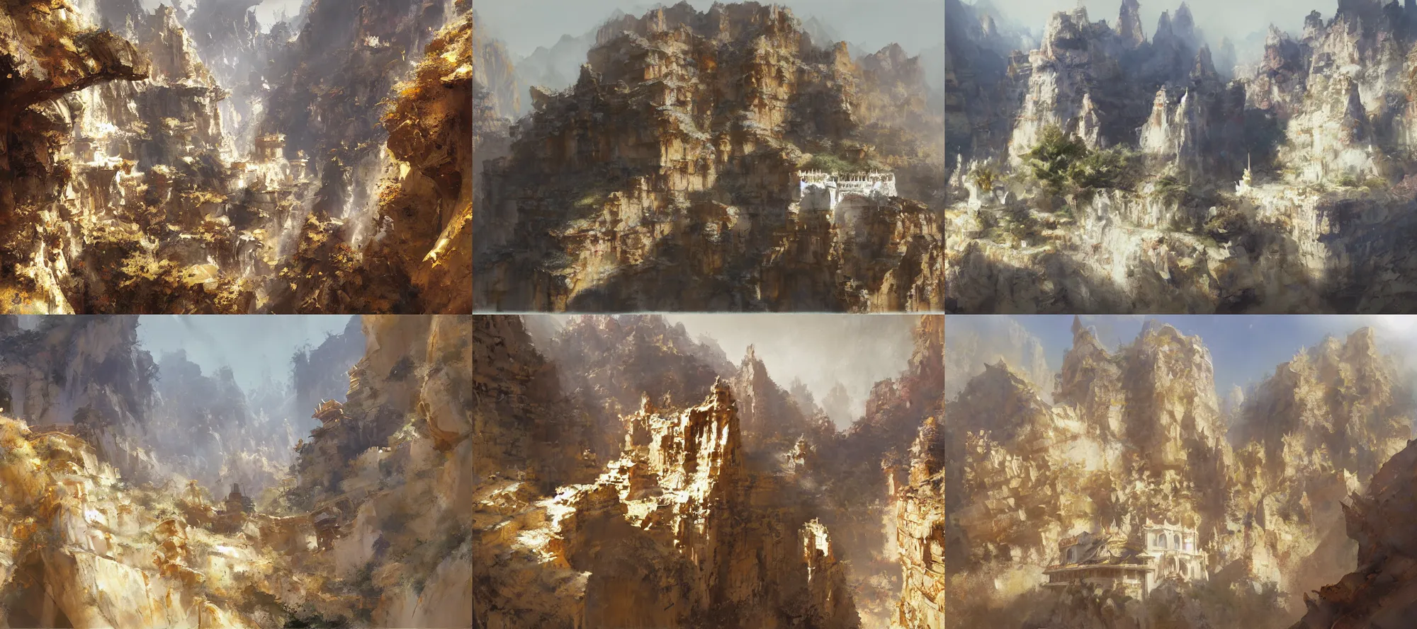 Prompt: a white castle with gold accents built on the side of a canyon, Ruxing Gao, Craig Mullins