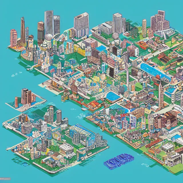 Image similar to a highly detailed hand drawn isometric game map illustration of cyberpunk Rio de Janeiro