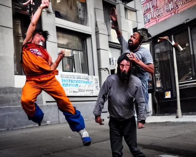 Image similar to a handsome homeless man wins the lottery. the homeless guy jumps in the air like a little girl. he is glowing like goku. realistic image. new york city candid photo