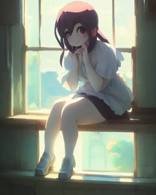 Prompt: a cute stylized thicc ghost girl, sitting on a windowsill of an old house, dramtic lighting, calming ， by makoto shinkai an krenz cushart