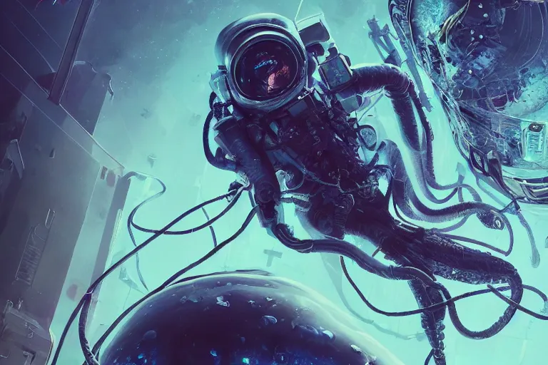 Image similar to hyperrealistic portrait of a squid monster astronaut, full body portrait, well lit, intricate abstract. cyberpunk, intricate artwork, by Tooth Wu, wlop, beeple. octane render,in the style of Jin Kagetsu, James Jean and wlop, highly detailed, sharp focus, intricate concept art, digital painting, ambient lighting, 4k, artstation