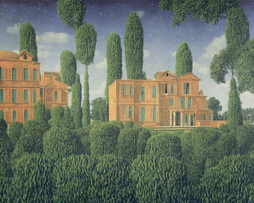 Prompt: an enchanting interstellar villa hidden in the bayou time forgot by Rene Magritte and Giovanni Paolo Panini.