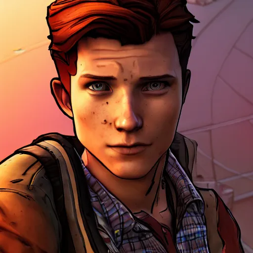 Image similar to tom holland portrait, borderlands, tales from the borderlands, the wolf among us, comic, cinematic lighting, studio quality, 8 k