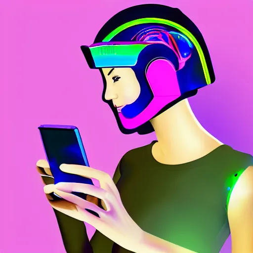 Prompt: beautiful digital illustration of a young girl holding a holographic AI that interfaces with her cellphone, the young girl is wearing a digital visor and cyber-helmet