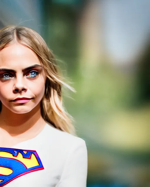 Image similar to high quality presentation photo of a cara delevigne as supergirl, photography 4k, f1.8 anamorphic, bokeh, 4k, Canon, Nikon