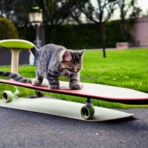 Prompt: photograph of a cat doing a wicked extreme skateboard trick